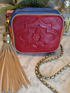 OrYany Leather Crossbody Bag with Tassel - Red Blue Orange Color Block